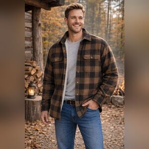 RedHead Men’s Brown Plaid Fleece-Lined Shirt Jacket • Never Worn • Size L